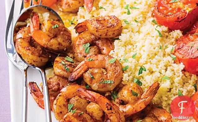 Creveți Harissa cu cuscus, roșii și mentă