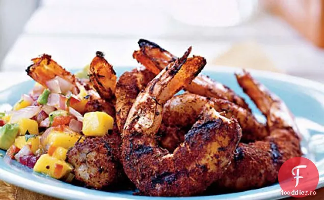 Creveți Jerk cu ceapă la grătar, Avocado și salsa de Mango