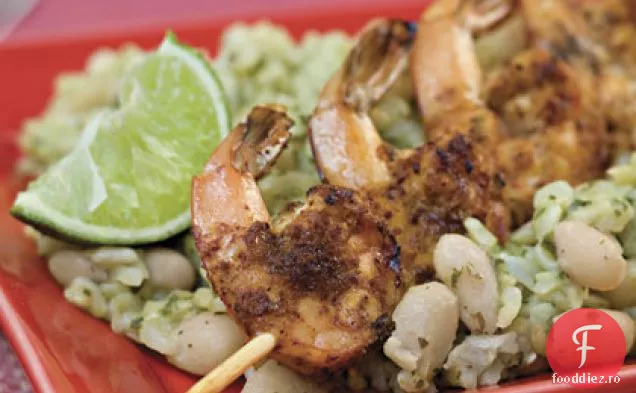 Creveți la grătar cu Chili și Lime, cu fasole albă condimentată și orez