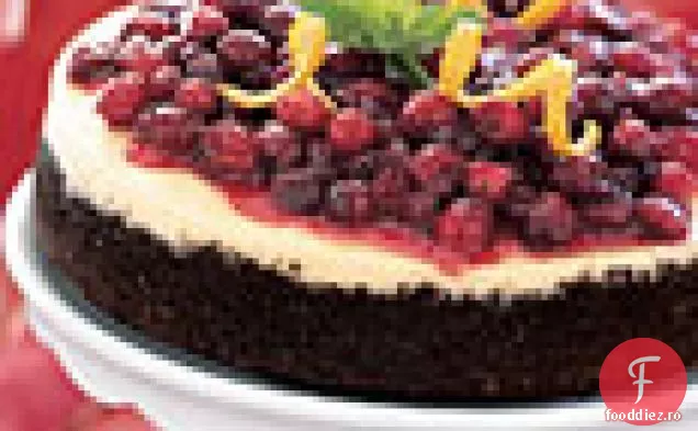 Cheesecake de afine-portocale cu crustă de ciocolată