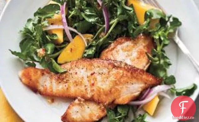 Tilapia arsă cu salată de năsturel-mango