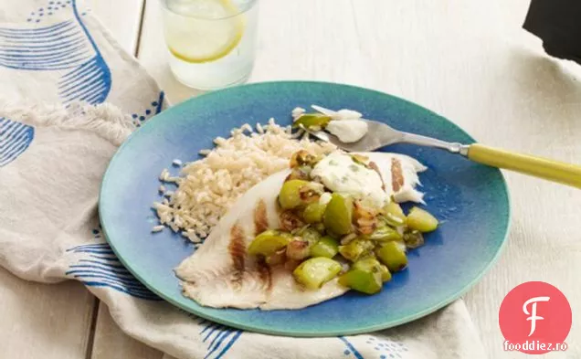 Tilapia cu salsa Tomatillo la grătar și maioneză Serrano