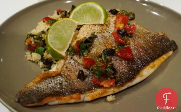 File de biban prăjit la tigaie cu sos de Salsa și cuscus