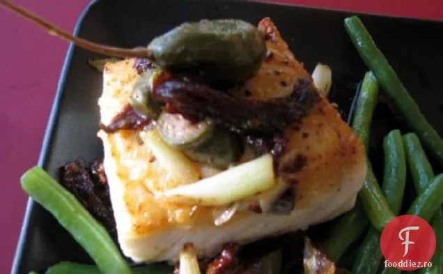 Halibut ars W / Haricots Vert, Scallions și sos de vin alb