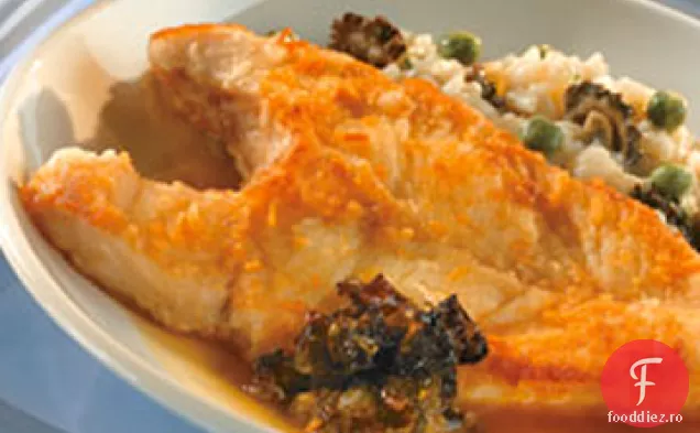 Halibut prăjit la tigaie cu confiture Morel, Risotto de mazăre dulce și ceai Morel