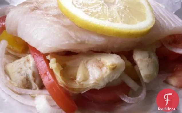 Halibut la grătar cu ardei și anghinare
