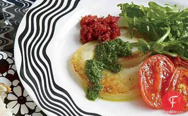 Scamorza prăjită cu salată de rucola și două Pestos