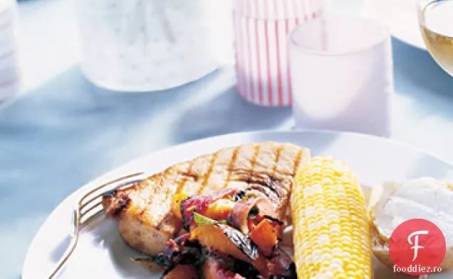 Pește-spadă la grătar cu nectarină-Salsa de ceapă