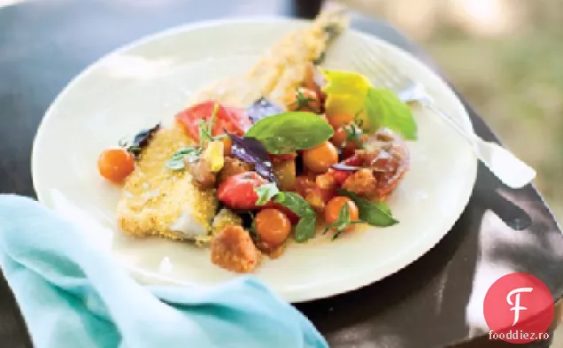 Făină de porumb-păstrăv prăjit cu roșii, măcriș și busuioc Panzanella