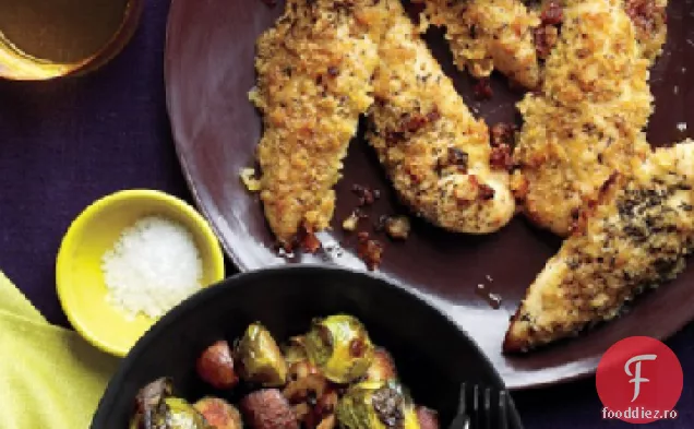 Pui parmezan cu ciuperci și varză de Bruxelles