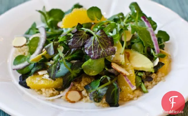 Salată de Quinoa cu Năsturel, portocale, Avocado și migdale, cu vinetă de citrice