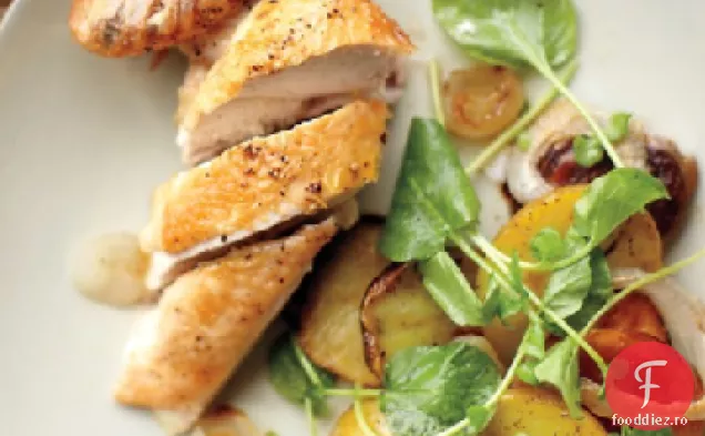 Pui prăjit rapid cu cartofi, ceapă și Nasturel