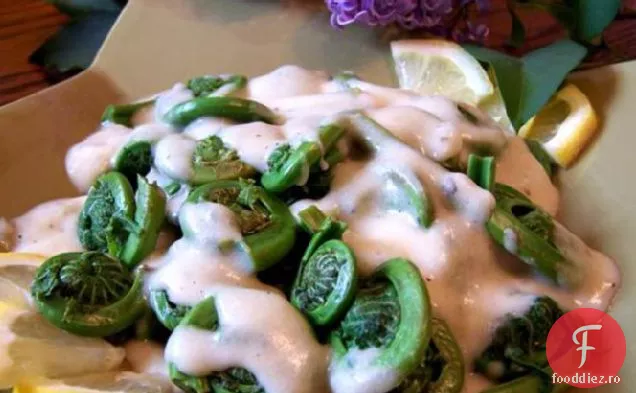 Ferigi Fiddlehead aburite cu un sos cremos Dijon